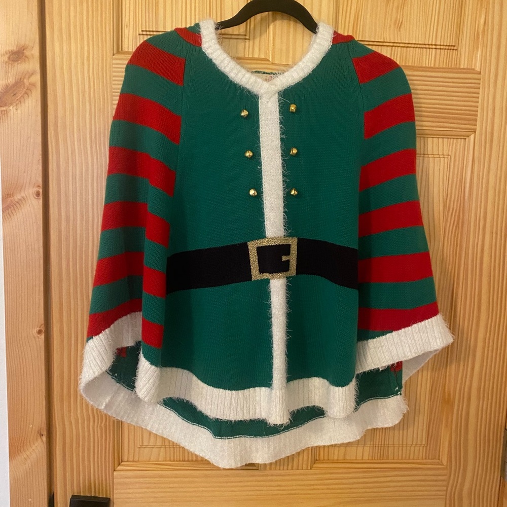 Women’s Medium Elf Christmas Poncho • Hooded Cape w/ Ears • Holiday Sweater